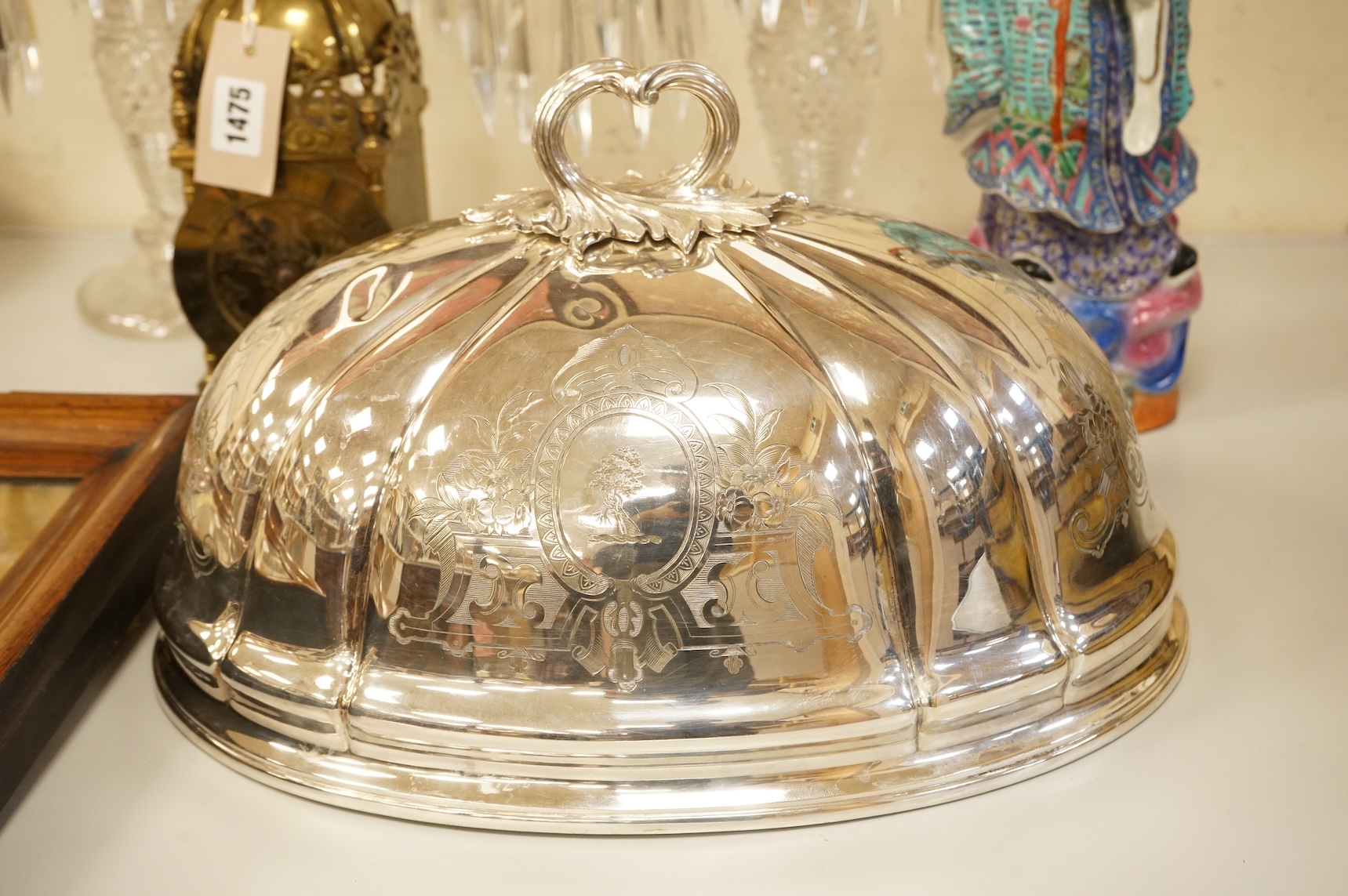 A Victorian engraved electroplate meat dish cover, 38cm wide